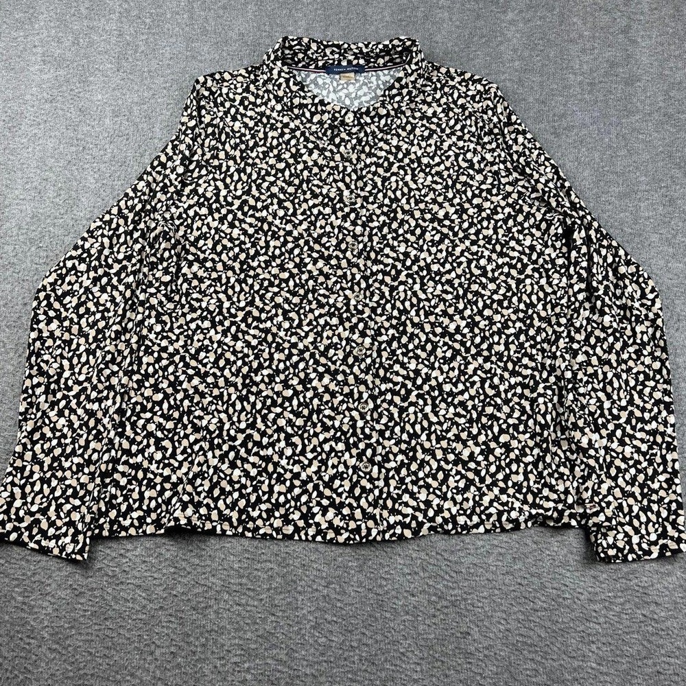 Tommy Hilfiger Women's XL Black Beige Abstract Print Button Up Long Sleeve Shirt
